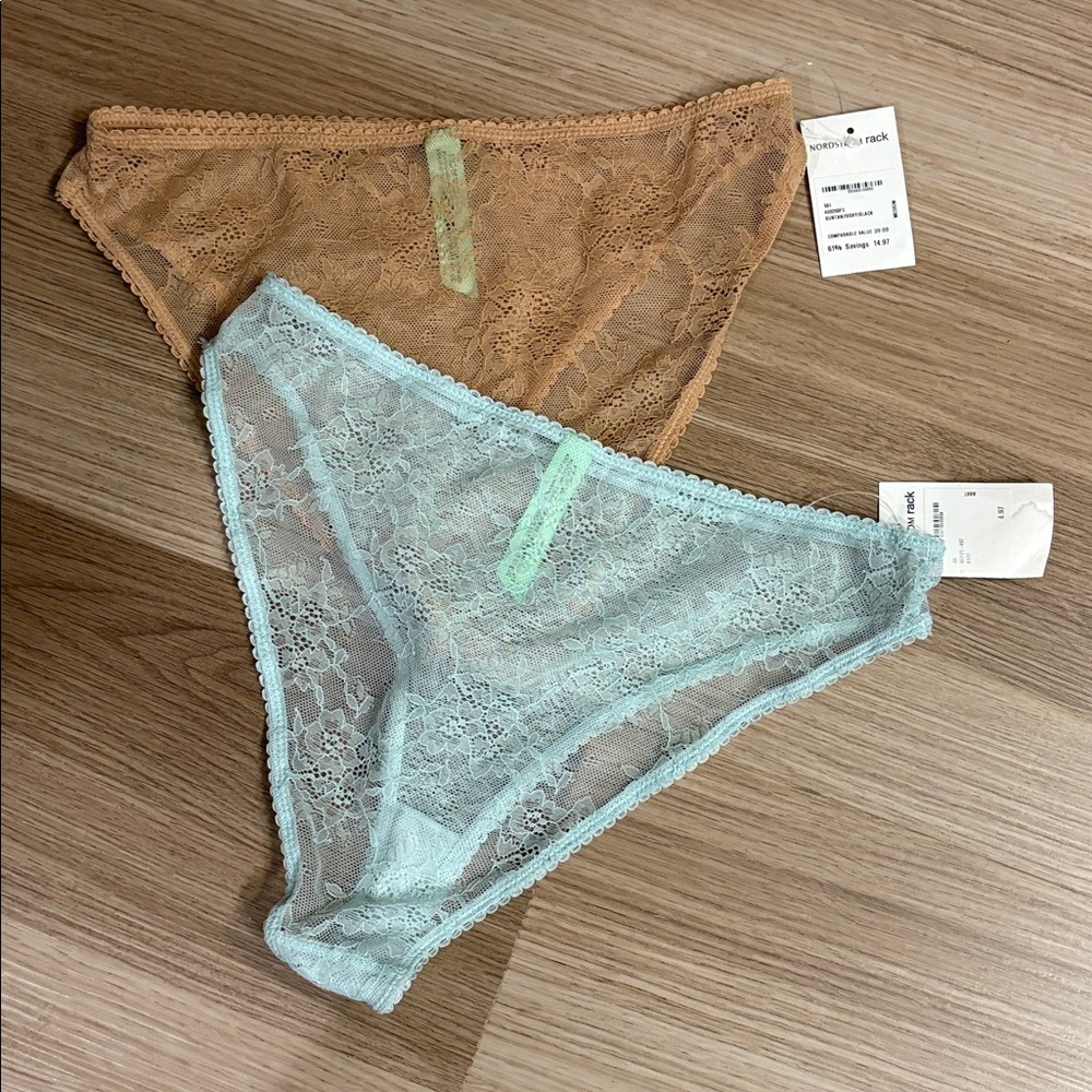Medium Honeydew Intimates Lace Panties in tan and light blue bundle set